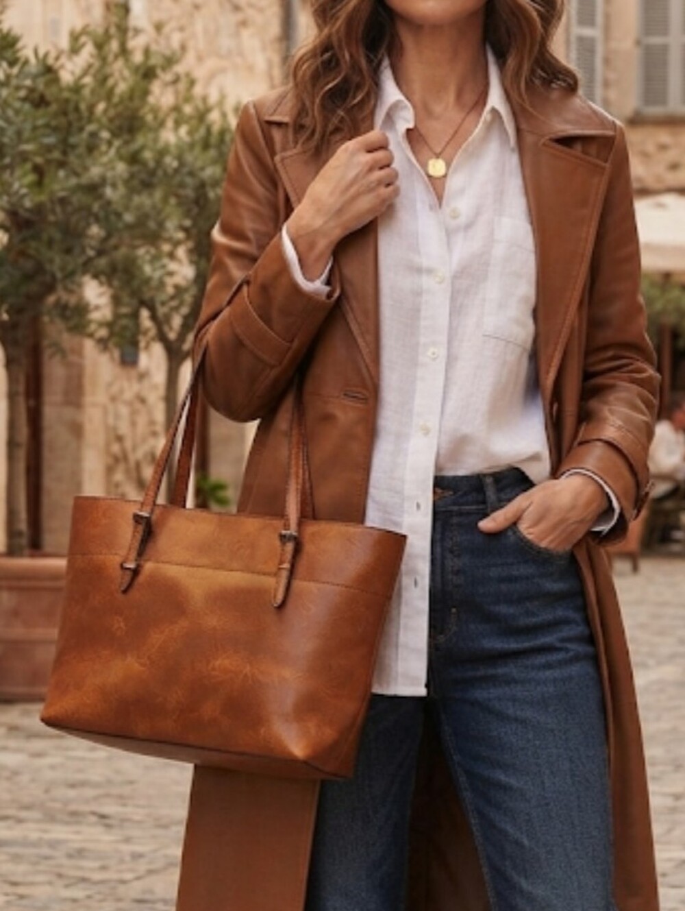 Kattee Women Elegant Camel Brown Leather Tote Bag Office